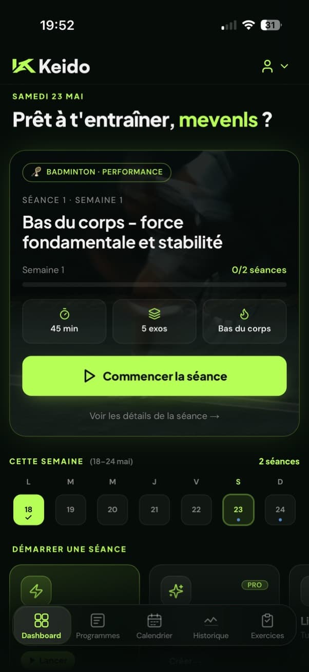 Keido — dashboard séance du jour